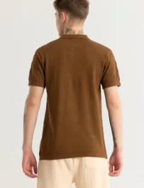 Brown Textured Slim Fit Polo T-Shirt for Men – Cotton Half Sleeve Casual Wear