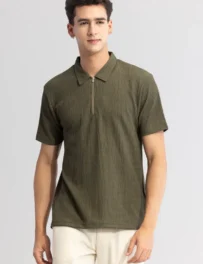 Olive Slim Fit Textured Polo T-Shirt for Men – Polyester Half Sleeve Casual Wear | India Store Mart