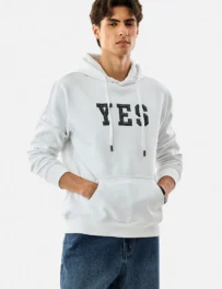 White Graphic Hoodie with YES Print – Cotton-Poly Blend Regular Fit Streetwear