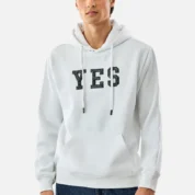 White Graphic Hoodie with YES Print – Cotton-Poly Blend Regular Fit Streetwear