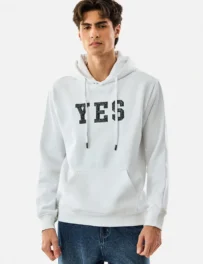 White Graphic Hoodie with YES Print – Cotton-Poly Blend Regular Fit Streetwear