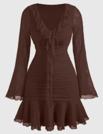 Women’s Brown Ruffle-Hem Midi Dress – Long Sleeve, Elegant Everyday Style