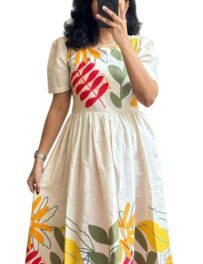 Women’s Floral Print Cotton Midi Dress – White with Yellow & Red Flowers, Short Sleeve A-Line