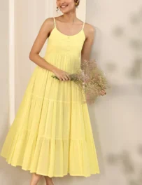 Yellow Solid Cotton Fit and Flare One Piece Dress