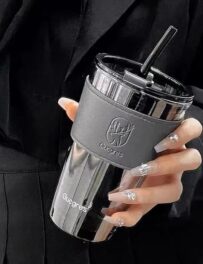 HEJISUN Glass Tumbler with Straw & Lid – 400 ml (Black, Pack of 1)