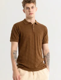 Brown Textured Slim Fit Polo T-Shirt for Men – Cotton Half Sleeve Casual Wear | India Store Mart
